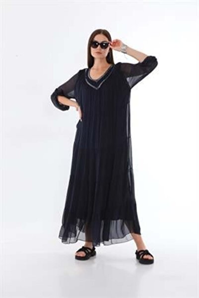 Bohem Stil Italyan Pullu Yaka İpek Şık Maksi Uzun Kol Elbise