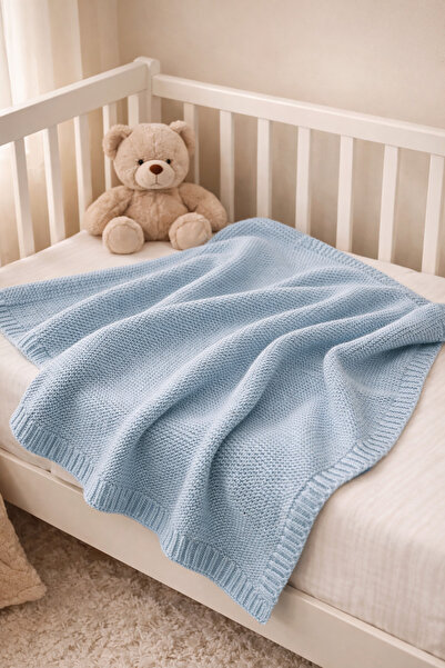 fresk Păturică Împletită Bebelauși 80x100 cm, Bumbac GOTS, Blue Fog, Moale și...
