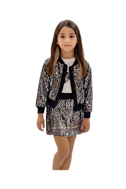 MODA AÇELYA Kız Çocuk Hırkalı Pullu Şort Etek Takım