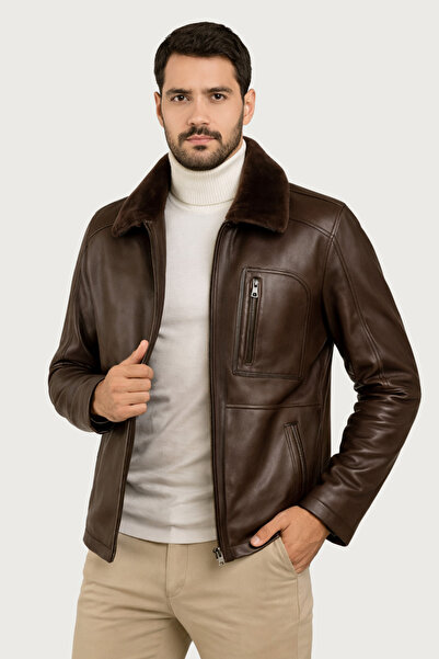 DERİJE Carlos Hakiki Deri Erkek Kestane Karartma Seyar Kürk Yaka Mont