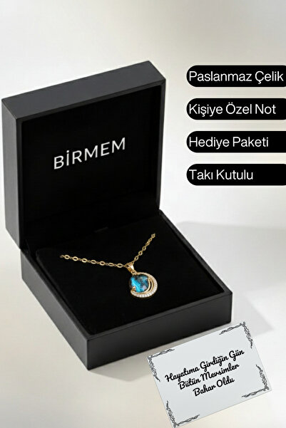 Birmem Altın Renk Singapur Zincir Mavi Zirkon Taşlı Gezegen Kolye 316L Kararm...