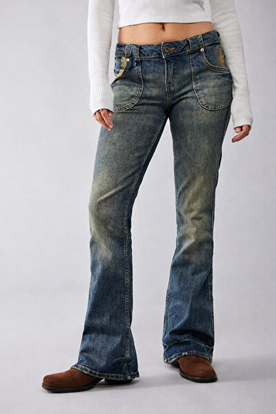 september island Smoky Navy Blue Low Waist Flare Jeans with Pocket Detail (Su...