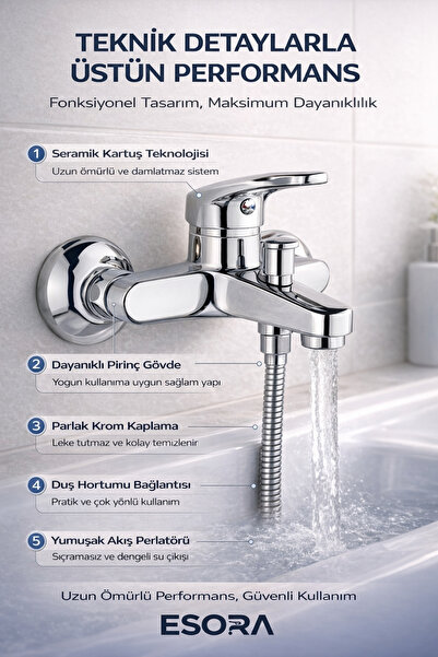 ESORA Krom Mix Banyo Duş Musluğu Çeşmesi Bataryası