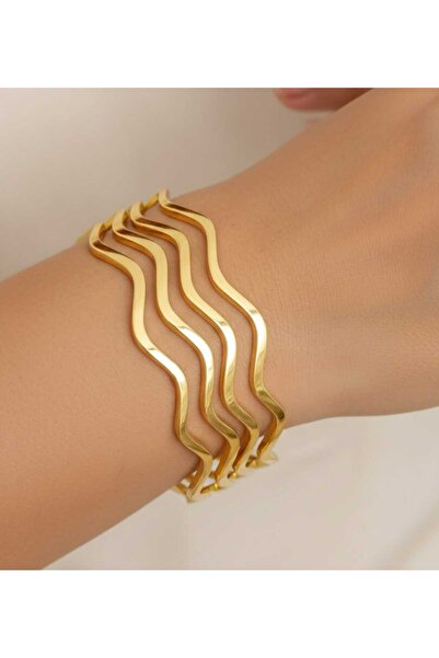 Bontexs Ajda Zigzag - مجموعة أساور من الفولاذ المقاوم للصدأ باللون الذهبي مكو...
