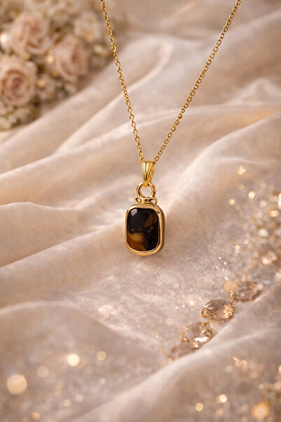 PORSE Kaplan Gözü Doğal Taşlı Çelik Zincirli Kare Kolye İçsel Huzur ve Strese...