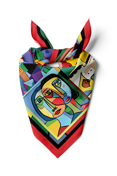 Modabutik A11 Kadın Portrait Desenli Bandana 50x50 Kırmızı DG0238-22 Snz