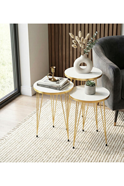 MRVHOMEE 3’lü Zigon Sehpa Seti – 33 cm – Gold Tel Ayaklı beyaz