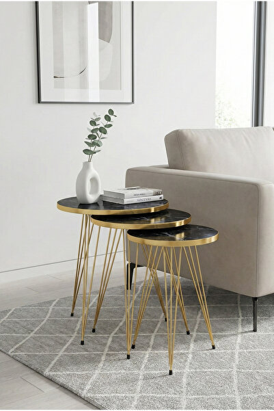 MRVHOMEE 3’lü Zigon Sehpa Seti – 33 cm – Gold Metal Ayaklı SİYAH