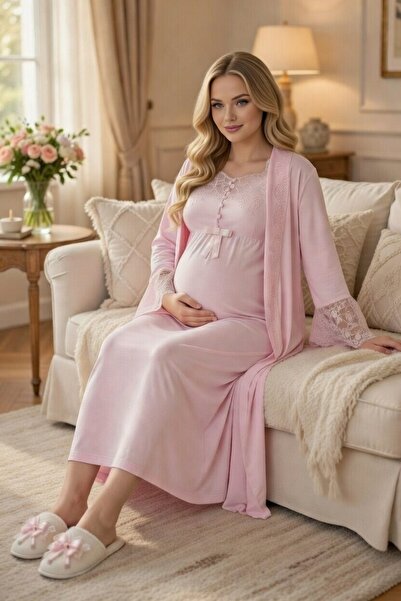 big mama Full Length Women's 2-Piece Maternity Nightgown Set - Easy Breastfee...