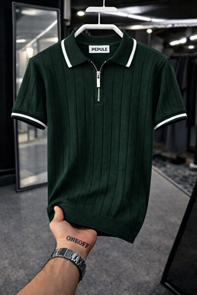 pepule zümrüt yeşili yaka detaylı Örme Triko Tshirt