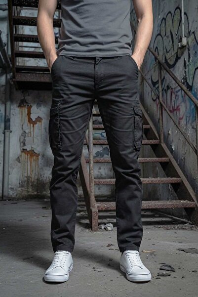 modacix Düz Paça Gabardin Siyah Erkek Kargo Pantolon - Pamuklu Esnek Likralı ...