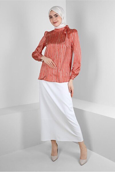 Alvina Stripe Satin Blouse with Tie at the Neck 43713