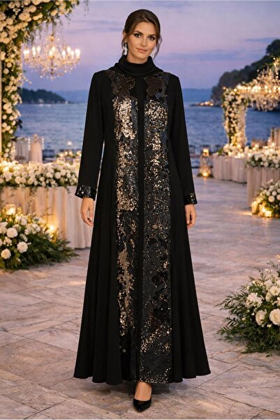 TRENDTESETTÜR KADIN SİYAH (SİYAH-GOLD) PUL PAYETLİ ELBİSELİ TAKIM T 3550