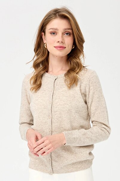 Desen Γυναικεία μάλλινη ζακέτα με λαιμόκοψη με στάνταρ κορδόνι μπεζ DSN24K21031