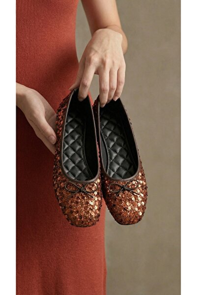 Beyond Balerini de damă maro-șaten cu paiete și fundă, 1 cm BYNDPUL01