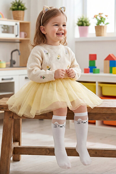 Katia&Bony Детски чорапи до коляното с котешки мотиви, бели