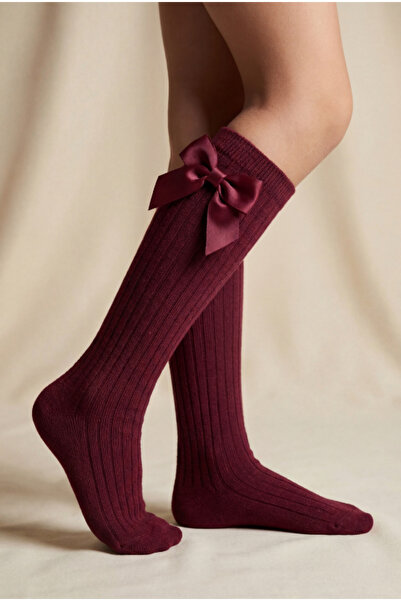 Katia&Bony Κοριτσίστικες κάλτσες μέχρι το γόνατο με κορδέλα και φιόγκο, μπορντό
