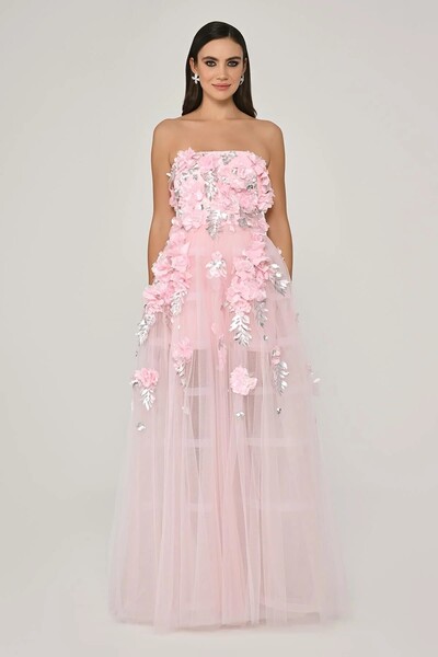 ALFABETA Alfa Beta Straplez 3 Boyut Çiçek Aksesuarlı Tül Uzun Abiye Elbise