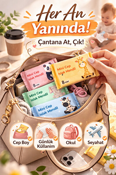M&H 1 Adet 8 Yaprak Mini Islak Mendil Taşınabilir Cep Tipi Çanta Boy Islak Mendil