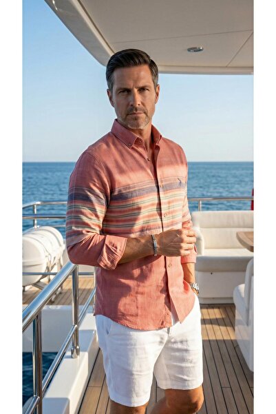 MEGALDİ Erkek Slim Fit Kesim Linen Keten Blok Desenli Kiremit Uzun Kollu Gömlek