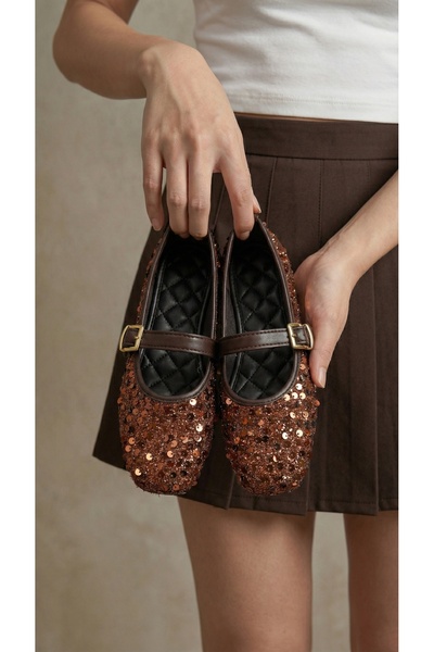 Beyond Balerini de damă maro-șaten cu cataramă și paiete 1cm BYNDPUL01