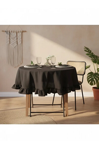NDC HOME Black Linen Round Ruffle Tablecloth