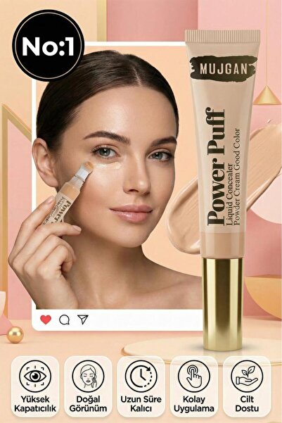 MUJGAN Power Puff Sünger Uçlu Likit Kapatıcı– Yüksek Kapatıcılık, Doğal Görün...