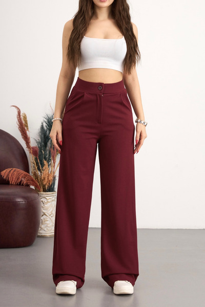 BİKELİFE Kadın Yüksek Bel Cepli Esnek Geniş Paça Bordo Pantolon
