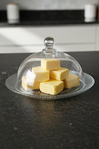 İpek Porselen Cam Fanus Kapaklı Lüks Kek Tabağı 20 Cm