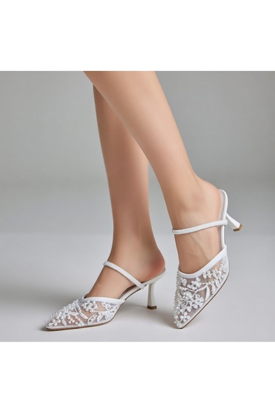 guijarro Women's White Embroidered Beaded Detailed Mesh Stylish Shoes 7.5cm M...