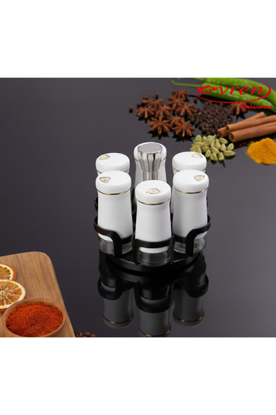 Evren 6’lı Cam Baharatlık Seti, Yuvarlak Tuzluk Biberlik Takımı ve Döner Stant