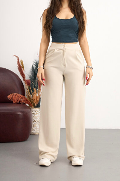 BİKELİFE Kadın Yüksek Bel Cepli Bej Esnek Geniş Paça Kumaş Pantolon