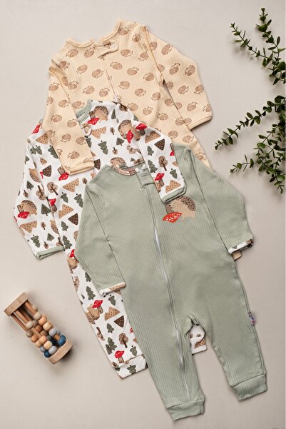 Mıdırık Unisex Erkek Bebek Kız Bebek %100 Pamuklu 9- 18 Ay Fermuarlı 3'lü Kir...