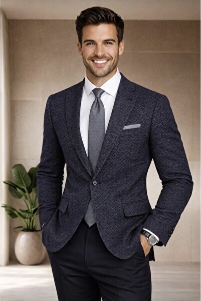 MODA DİNA سترة بليزر كلاسيكية للرجال باللون الأزرق الداكن على الطراز الإيطالي