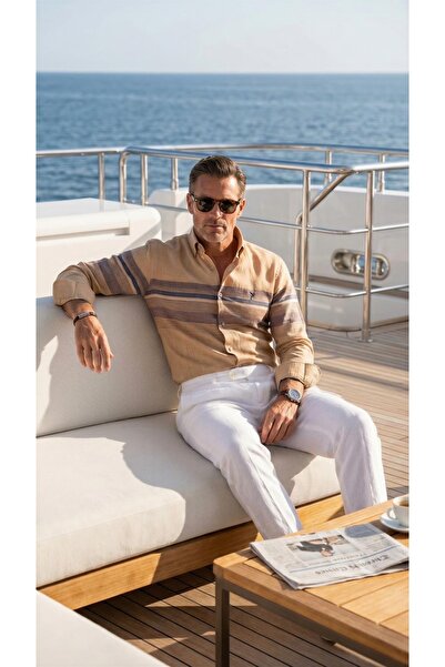 MEGALDİ Erkek Slim Fit Kesim Linen Keten Blok Desenli Hardal Uzun Kollu Gömlek