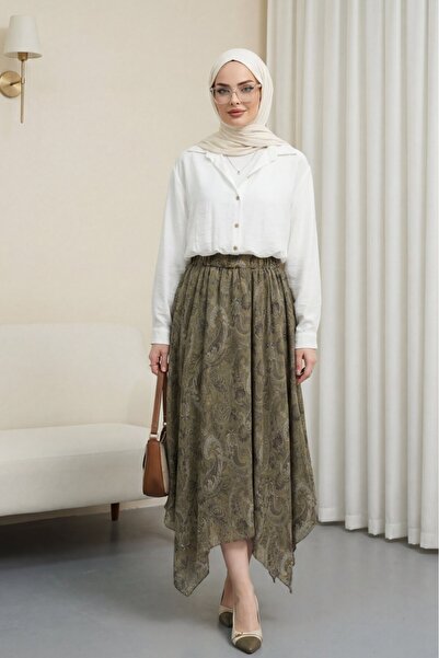 Modamorfo Etnik Desen Beli Lastikli Astarlı Ucu Asimetrik Kesim Şifon Etek -Haki