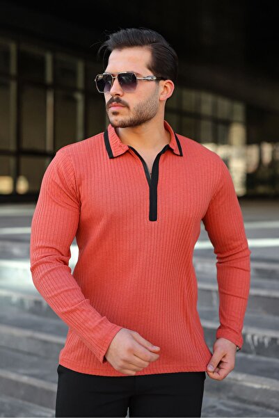 masso Men's Corded Fabric Fabric Polo Neck Half Zipper Sweater