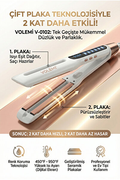 VOLEMİ V-0102 Profesyonel Seramik Çift Plaka Saç Düzleştirici 11 farklı ısı A...