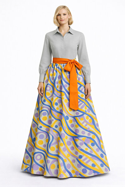 MERT ERKAN Shirt Part Gray Taffeta & Skirt Patterned Brocade Maxi Shirt Dress