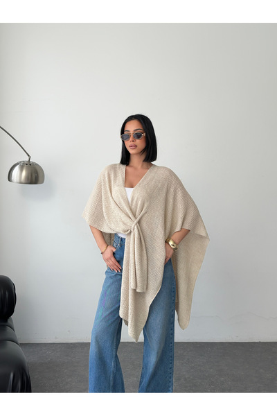 MODAMERSİ Women's Poncho Cardigan with Stone Front Detail