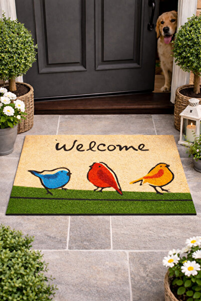 esnature Chirp Birds Renkli Cıvıldıyan Kuşlar Kahverengi Welcome Kapı Önü Pas...