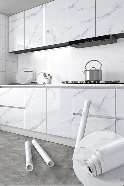 DECOMALL كود 221 ورق لاصق ذاتي اللصق بنمط الرخام الأبيض للمطبخ والحمام وسطح ا...