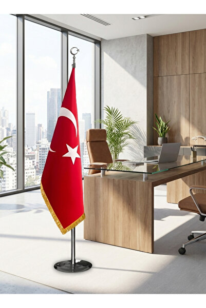 bayrakal Makam Bayrağı, Türk Bayrağı, Simli Telalı Bayrak Krom Direkli 224cm.