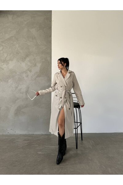 Maxi modena معطف طويل بيج مع حزام - مزين بأزرار وتفاصيل مشقوقة