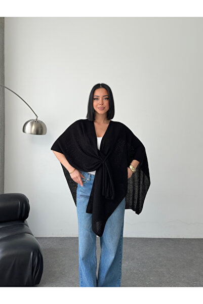 MODAMERSİ Women's Black Front Detailed Poncho Cardigan