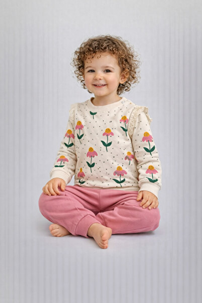 dinamik çocuk Baby Girl Floral Patterned Lace Sleeve Detailed Top and Bottom ...