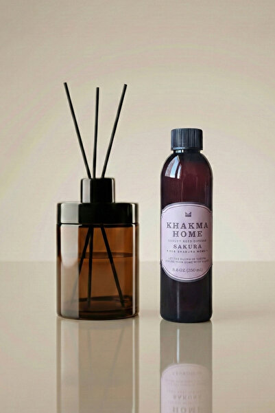 KHAKMA Sakura Scented Amber Soap Dispenser Set - 220 ml Liquid Soap Dispenser, Diffuser and Refill Scent