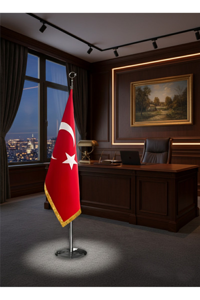 bayrakal Makam Bayrağı, Türk Bayrağı, Simli Telalı Bayrak Krom Direkli 245cm.