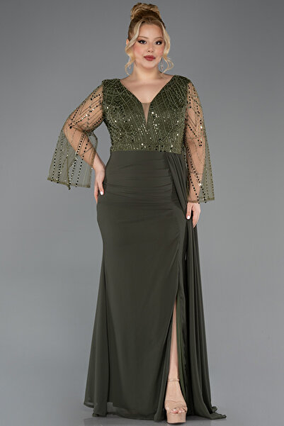 Abiyefon Haki Üstü Pullu Uzun Kol Şifon Büyük Beden Abiye ABU5624