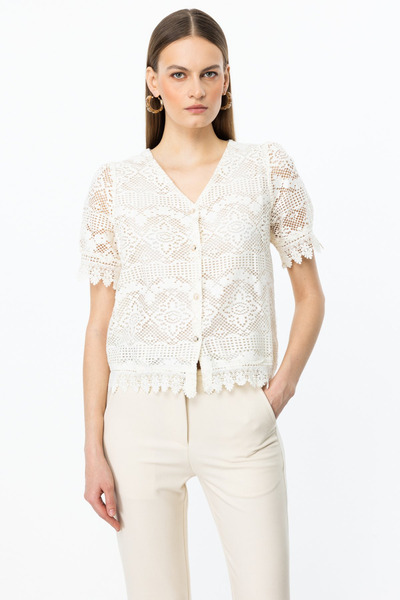 ON Cardigan din dantelă cu mâneci scurte cu decolteu în V pentru femei - stil...